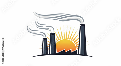 Factory smokestacks emitting plumes of smoke against a bright, rising sun