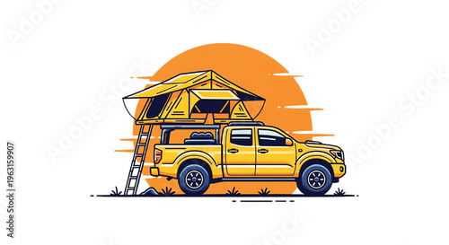 Adventure travel car with roof tent illustration, road trip camping concept for outdoor lifestyle, tourism, and exploration design