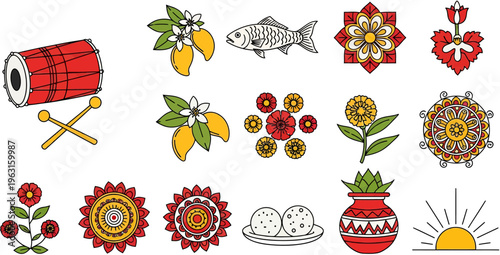 Bengali New Year Poila Baisakh Outline Icon Set with Floral Patterns, Dhol Drum and Cultural Symbols