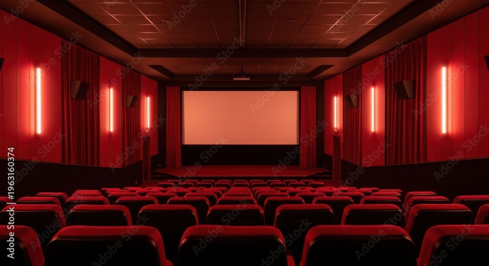 Fototapeta premium A dimly lit movie theater with red seats and lights illustration