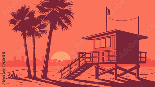 Coastal Lifeguard Tower Silhouetted Against Tropical Palm Trees During Sunset Beach Scene los angeles skyline