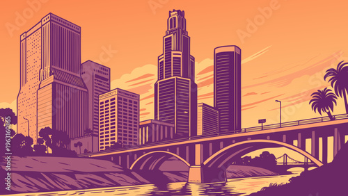 Urban Skyline View Over River at Sunset with Architectural Structures and Elevated Highway Crossing Water los angeles skyline