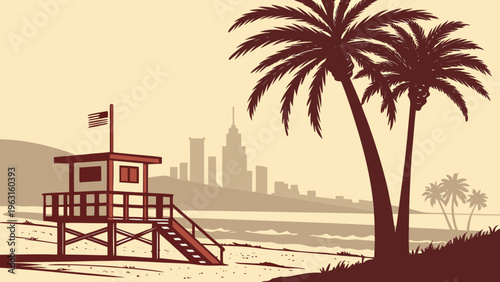 Retro Beach Scene with Palm Trees Lifeguard Tower and Distant City Skyline Monochrome Silhouette los angeles skyline