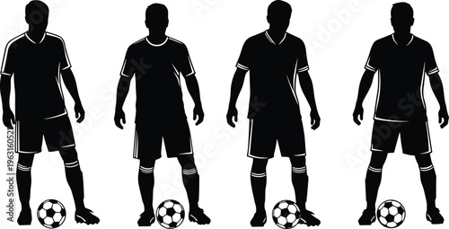 Set of soccer player silhouettes featuring male athletes standing with footballs in various poses for sports competition and team branding.