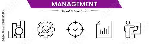 Management icons depicting leadership, planning, organization, strategy, teamwork, coordination, decision making, workflow, supervision, productivity, operations, goals, efficiency, and business