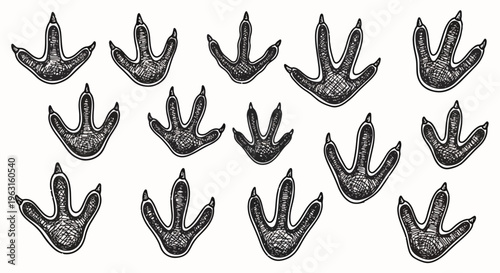 Metal dinosaur footprints arranged in rows on a plain surface