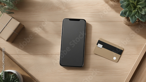 Top view of smartphone with shopping app and credit card on desk, photorealistic, minimal style, natural light, copy space, e-commerce, mobile payment, online business, retail, tra
