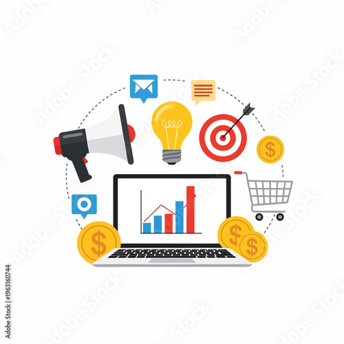 Digital marketing concept with laptop and various icons around it showing business strategy and finance growth