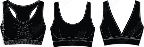 Technical fashion sketches of women sports bra and bralette set featuring racerback scoop neck and v-neck designs for apparel manufacturing.