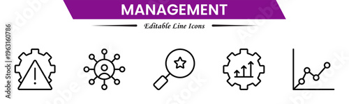 Management icons depicting leadership, planning, organization, strategy, teamwork, coordination, decision making, workflow, supervision, productivity, operations, goals, efficiency, and business