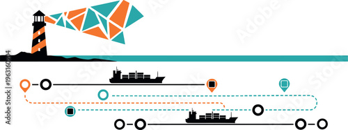 Lighthouse Navigation and Maritime Logistics Infographic - Global Shipping Route Vector with Cargo Ships, Supply Chain Journey, and Strategic Guidance Map