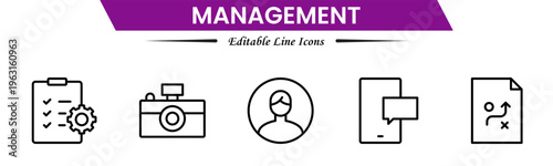Management icons depicting leadership, planning, organization, strategy, teamwork, coordination, decision making, workflow, supervision, productivity, operations, goals, efficiency, and business