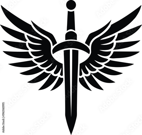Flying Sword with Angel Wings Silhouette Emblem Icon