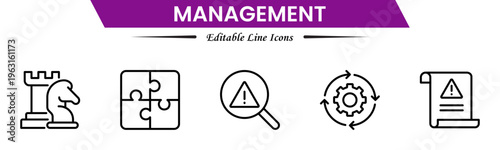 Management icons depicting leadership, planning, organization, strategy, teamwork, coordination, decision making, workflow, supervision, productivity, operations, goals, efficiency, and business