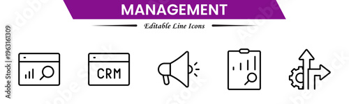 Management icons depicting leadership, planning, organization, strategy, teamwork, coordination, decision making, workflow, supervision, productivity, operations, goals, efficiency, and business