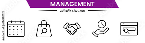 Management icons depicting leadership, planning, organization, strategy, teamwork, coordination, decision making, workflow, supervision, productivity, operations, goals, efficiency, and business