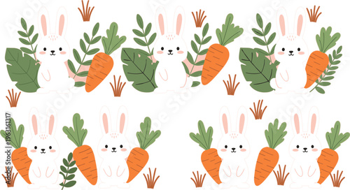 Seamless bunny and carrot pattern with cute rabbits and leaves pastel vector illustration for kids textile wallpaper and nursery design