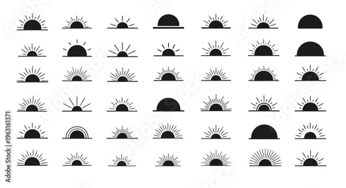 Creative array of abstract sun and cloud icons with varying styles and details