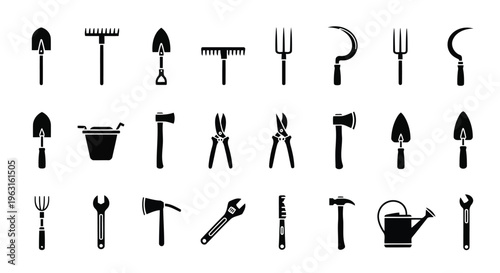 Assorted black and white illustrations of various gardening and digging tools