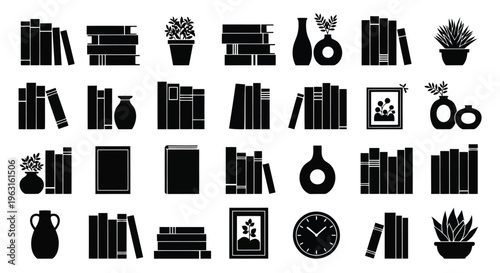 Black and white icons representing various books and reading-themed objects