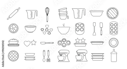 Assorted kitchen utensils and food items icon collection