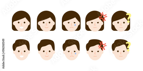 Man and woman character head portrait set. Communication, feeling, emotion, mood, reaction, facial expression concepts. Happy, sad, angry, surprised faces. Flat vector design isolated illustration.