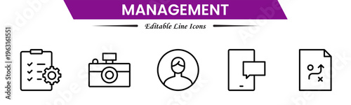 Management icons depicting leadership, planning, organization, strategy, teamwork, coordination, decision making, workflow, supervision, productivity, operations, goals, efficiency, and business