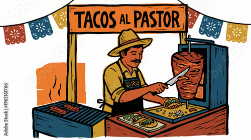 Mexican Taco Vendor Serving Tacos Al Pastor at Street Food Stand