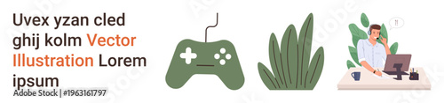 Gaming, technology, remote work, modern workspace, digital connection, leisure. Gaming controller, leafy plant and person working on a laptop. Gaming and technology