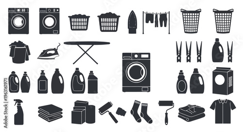 Assorted laundry and cleaning tools in black and white silhouette style