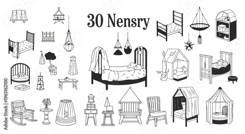 Collection of thirty diverse nursery-themed icons and illustrations