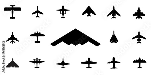 Military and Civilian Aircraft Silhouettes Collection — Top View Vector Set