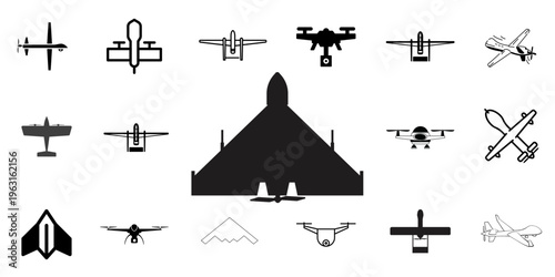 Military Drone and UAV Silhouette Collection, Unmanned Aerial Vehicle Icons, Surveillance Quadcopter and Stealth Drone Vector Illustration Set.