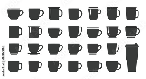 Assorted black silhouettes of various mugs and a thermos displayed in a grid layout