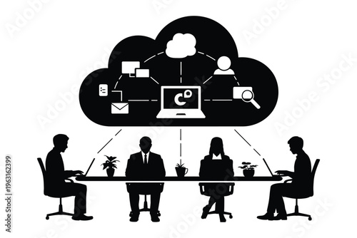 Business team collaborating remotely using cloud computing technology for global network connection and data sharing illustration