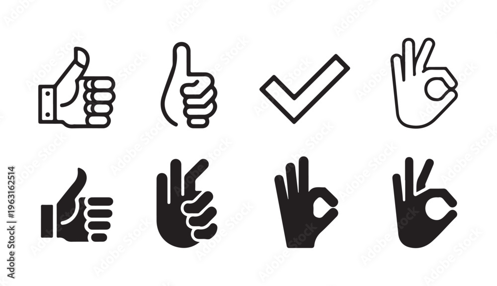 Fototapeta premium Thumb up icon set, approval gesture symbol, isolated vector illustration on white background