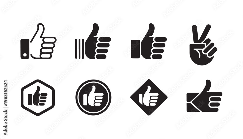 Fototapeta premium Thumb up hand gesture icons set for feedback with victory sign and geometric shapes on background