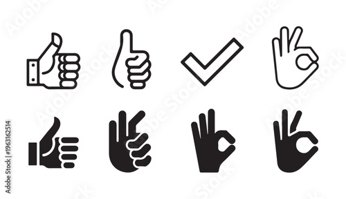 Thumb up icon set, approval gesture symbol, isolated vector illustration on white background