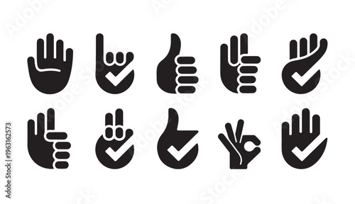 Check mark hand gestures set with thumbs up okay sign and palm symbols for confirmed verification