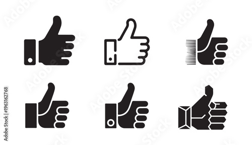 Set of six black thumbs up icons against white background vector