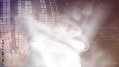 Animation of dust and smoke over disco ball on brown background