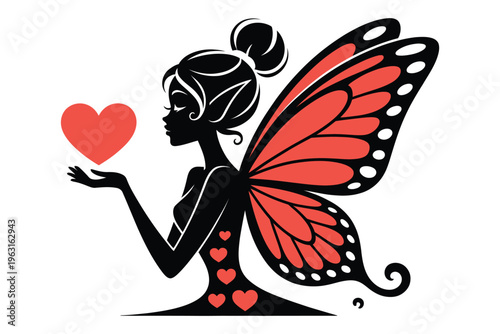Fairy silhouette with butterfly wings holding heart shape for magic and fantasy concept design on transparent background professional vector art