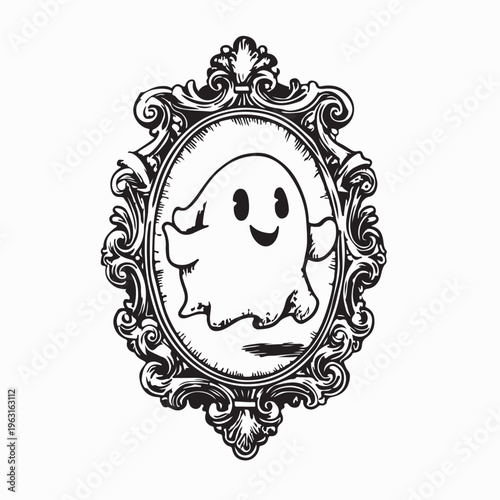 Cute Cartoon Ghost In The Mirror Vector Illustration On White Background
