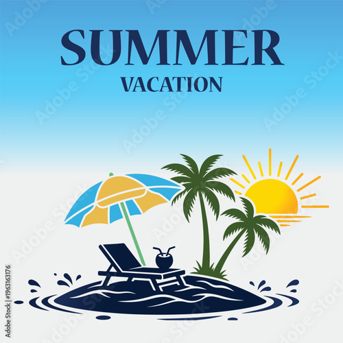 Tropical summer vacation island landscape with beach chair umbrella coconut drink sun palm trees and blue sky background