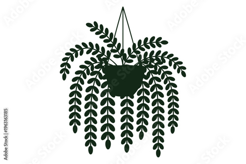 Hanging plant silhouette with long trailing leaves in pot for home decor and indoor garden design elements isolated on transparent background