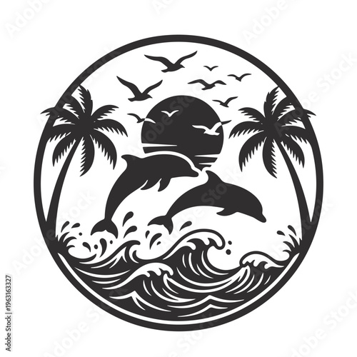 Circular summer vacation emblem featuring jumping dolphins in ocean waves with palm trees and sun in silhouette style