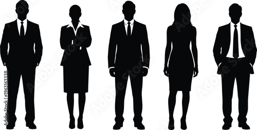 Vector silhouettes of professional business people group standing in formal suits for corporate team employment and recruitment isolated on white