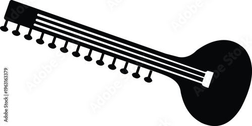 Black silhouette of a sitar or tanpura Indian string musical instrument with many tuning pegs.