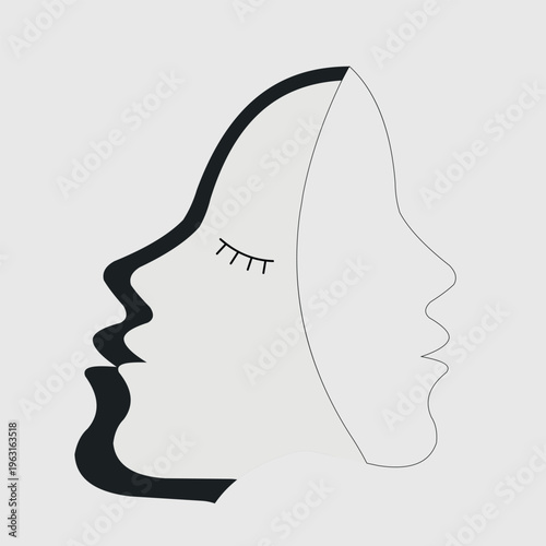 Abstract double face mask silhouette showing dual personality and psychology concept in minimalist line drawing.