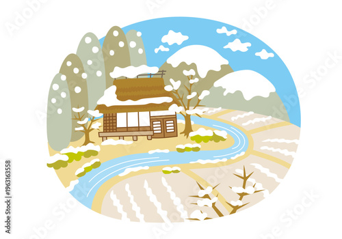 昔の田舎の民家_冬イラスト